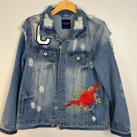 Cavalini Distressed Denim Jacket with Rose Embroidery – Size Medium - Picture 1 of 10